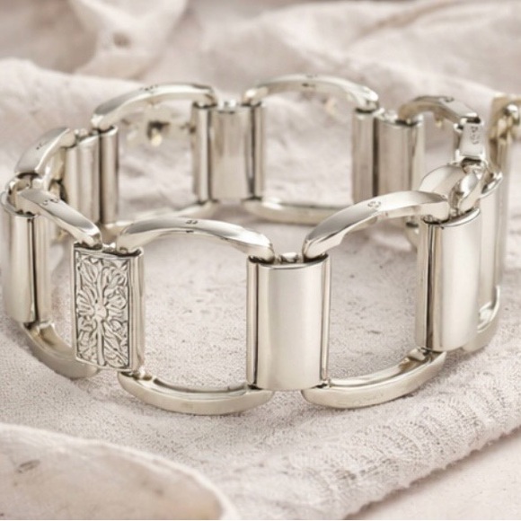 Brighton Silver Tone Link Bracelet Floral Hinged Panel Chunky Vintage Style main image 5
